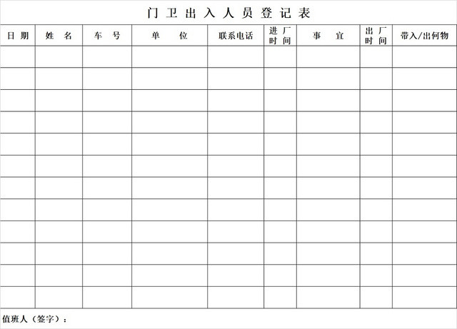 黑白简约公司工厂小区门卫出入人员登记表
