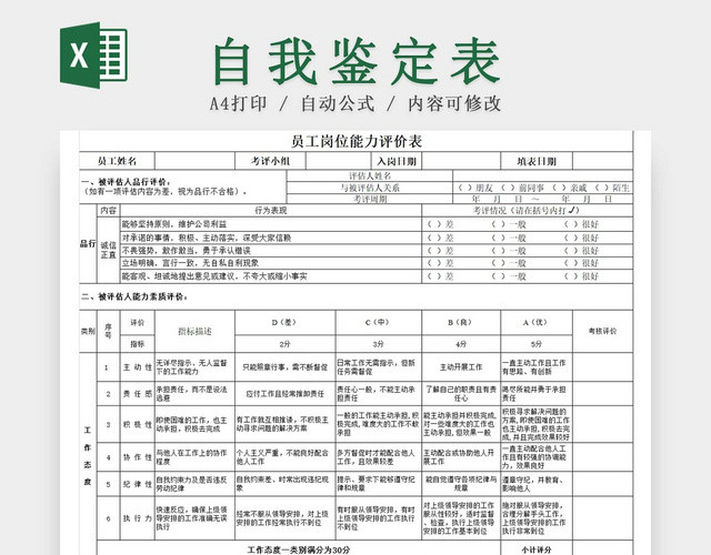 黑白简约个人能力评价员工岗位能力评价表