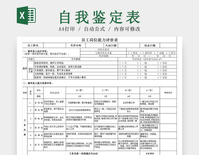 黑白简约个人能力评价员工岗位能力评价表