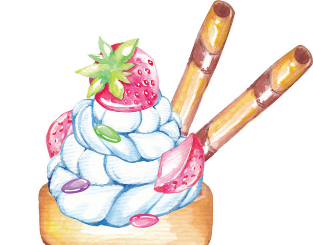 色手绘小清新水果冰淇淋蛋糕免抠素材