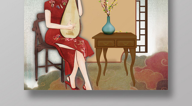 棕色文艺民国风旗袍少女宣传海报