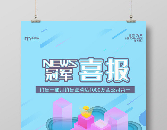蓝色矢量插画风员工业绩喜报海报