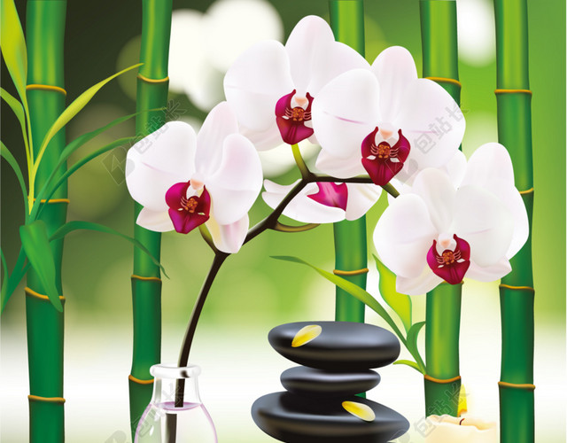 竹林竹垫鹅卵石花朵背景素材
