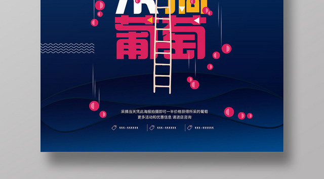 采摘葡萄深蓝卡通几何简约水果葡萄海报