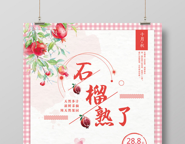 格子背景石榴熟了手绘风水果石榴海报
