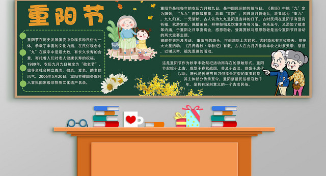 绿色简约九九重阳节卡通黑板小报