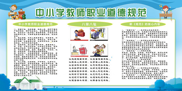 蓝色卡通中小学职业道德规范宣传展板