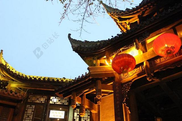 暖黄色建筑中国风成都古代中式园林风景照背景图片