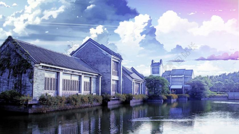 蓝色动画幻想漫画中的房子背景图片