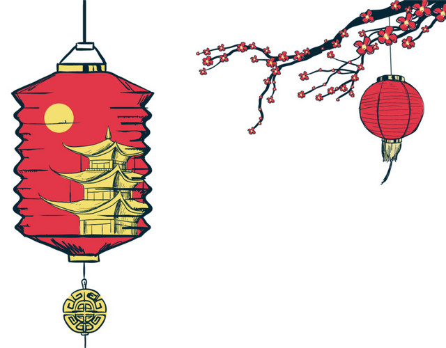 手绘红色灯笼花枝设计素材