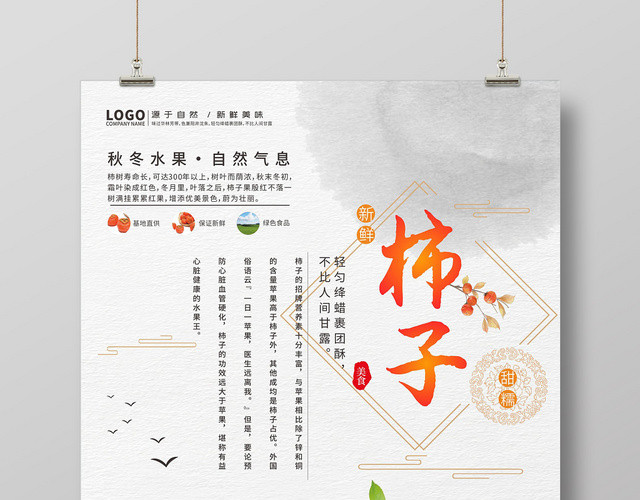 清新水墨中国风秋冬水果柿子海报