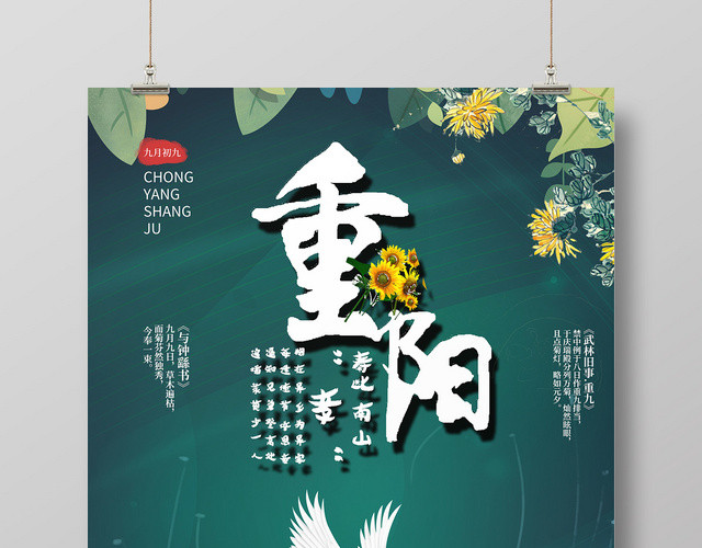 墨绿色背景重阳节赏菊海报