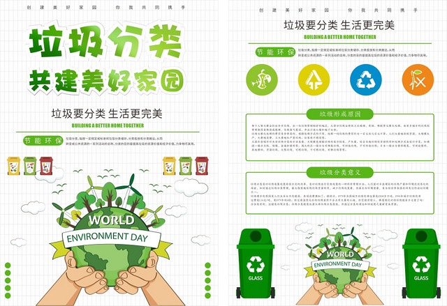 垃圾分类绿色几何简约卡通风环保宣传单页