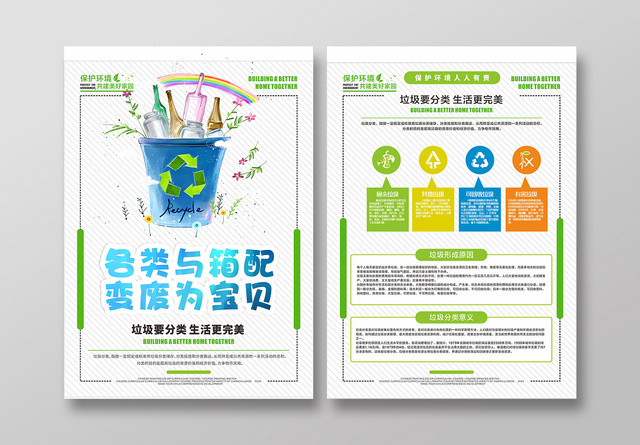 蓝色几何垃圾分类卡通创意环保宣传单页