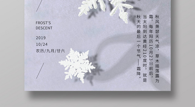 白色简约霜花雪花二十四节气霜降海报