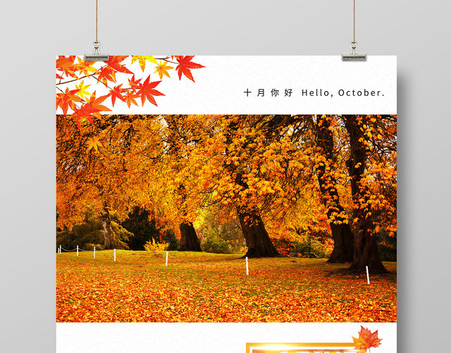 秋天枫叶黄色清新你好10月十月励志鼓励海报