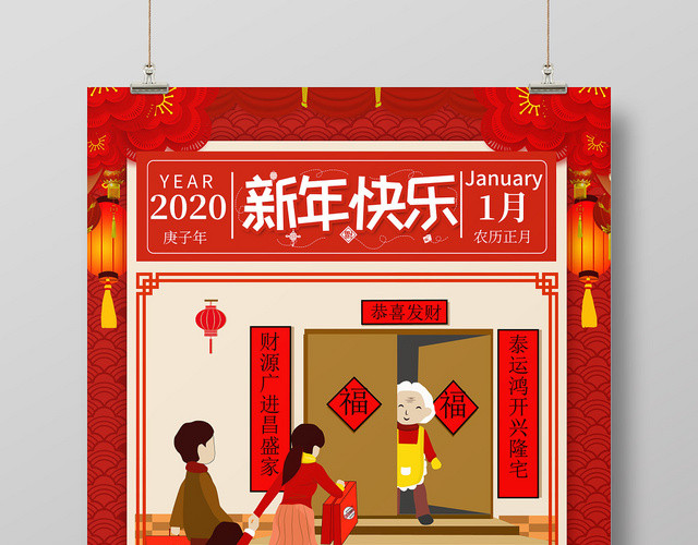 春节习俗红色喜庆新年快乐初二回娘家海报