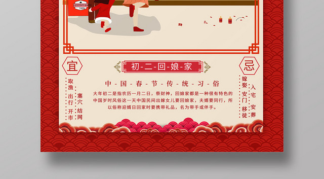 春节习俗红色喜庆新年快乐初二回娘家海报