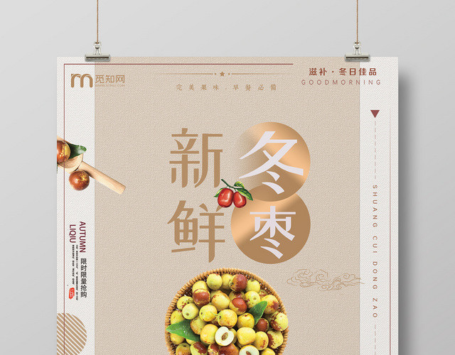 棕色素雅新鲜有机冬枣上市水果冬枣促销海报