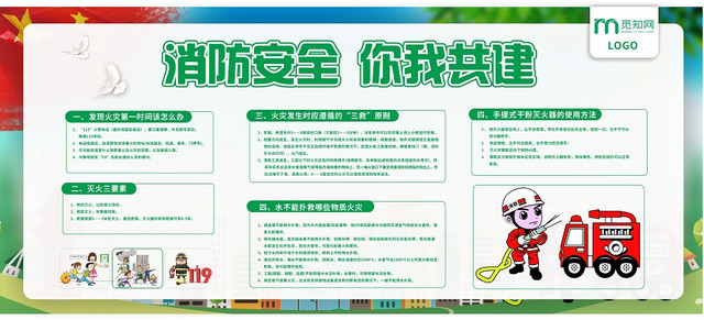 绿色几何简约卡通消防安全你我共建展板