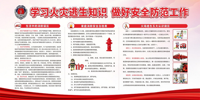 红色中国风几何简约学习火灾逃生知识消防知识展板