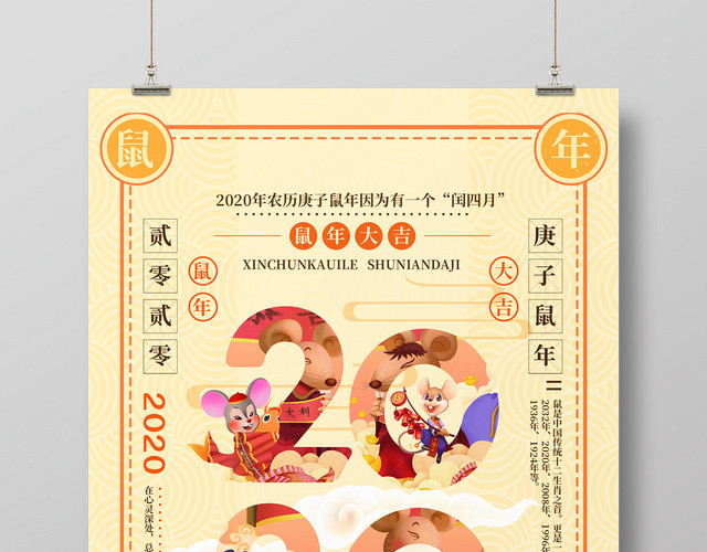 2020鼠年复古风鼠年大吉创意海报