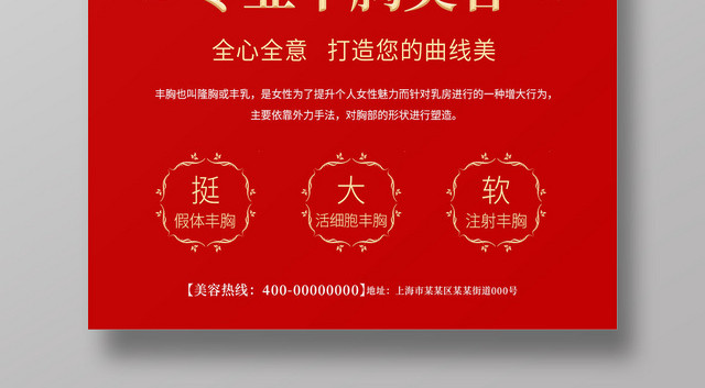 红色简约专业丰胸美容宣传海报