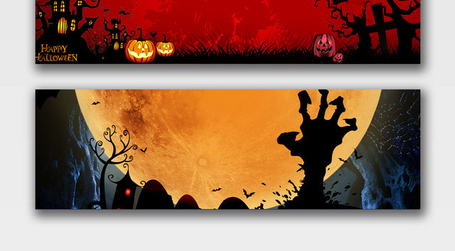 卡通红色黑暗月亮万圣节蝙蝠南瓜灯电商BANNER