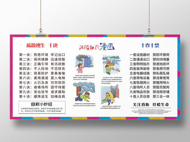 炫彩消防疏散逃生知识漫画展板合计