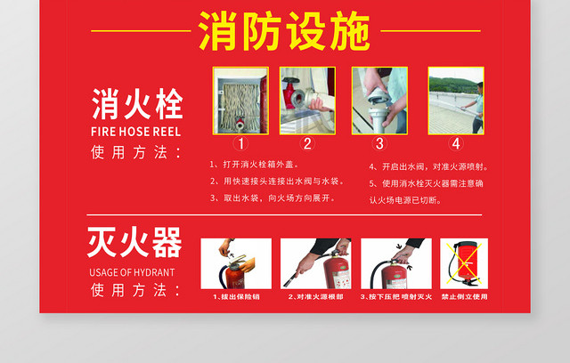 红色几何简约图文消防设施灭火器消防栓使用提示手牌