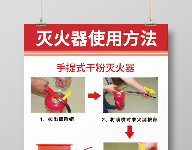 红白相间简约图文几何消防灭火器使用方法海报