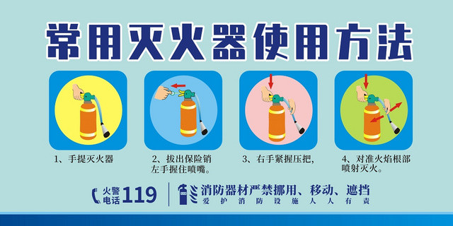 消防灭火器灭火器使用方法蓝色创意大气宣传展板宣传栏