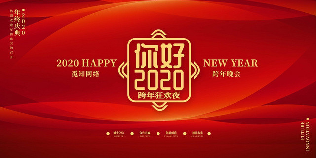 简约大气红色新年年会2020年你好展板