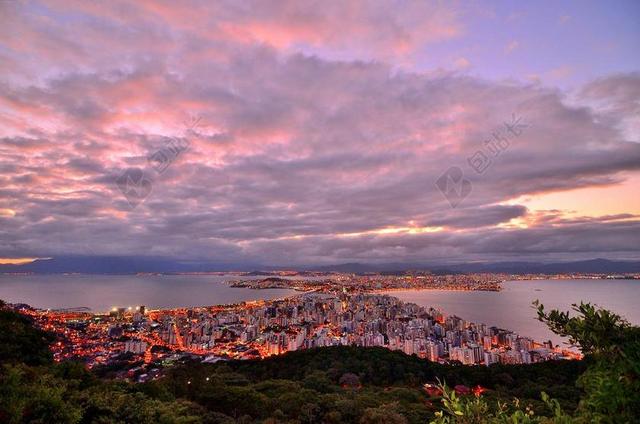 城市景观灯光夕阳树林天空背景图片