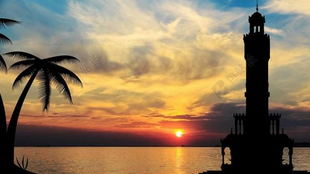 夕阳海滩边的自然景色和灯塔户外摄影背景图片