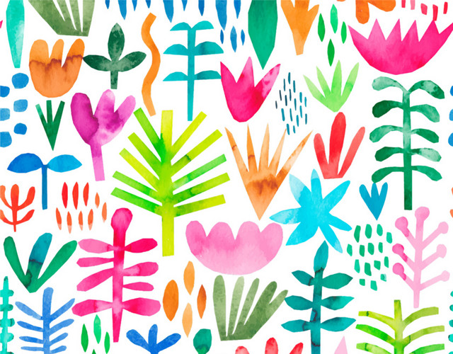彩色手绘植物水彩插画素材