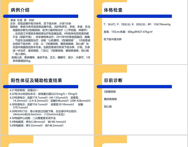 医院医疗黄色简约工作总结一例糖尿病肾病患者的护士护理查房PP