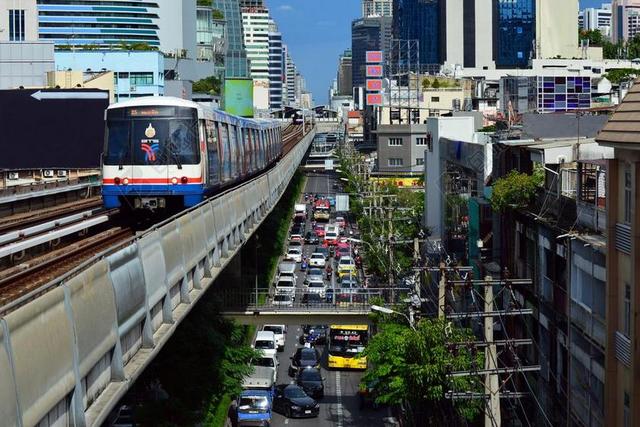 交通空中电车和拥堵的马路背景图片