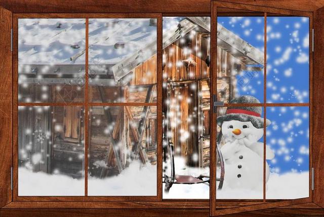 雪人冬天寒冬山上的小屋寒假背景图片