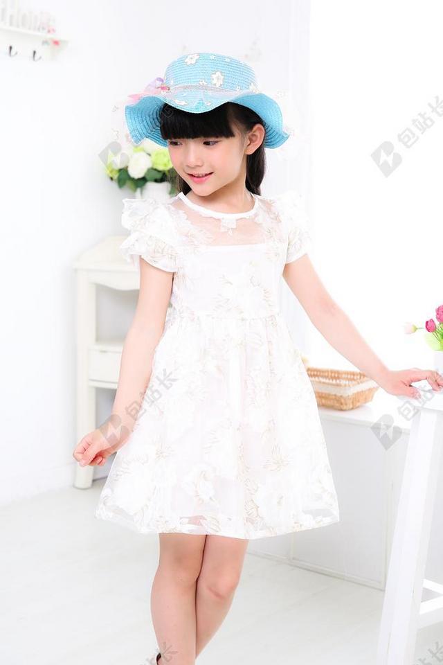 儿童 女孩 肖像 写真 白色礼服 帽子 投标 亚洲