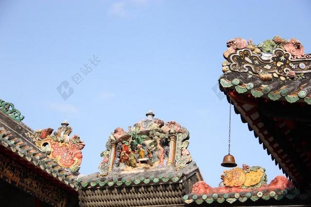 中国式古建筑寺庙铃铛文化屋檐背景图片