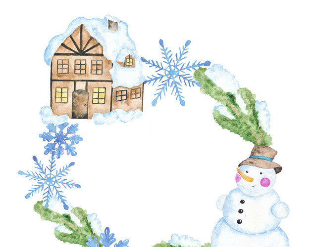 雪人雪花枝叶屋子花环素材