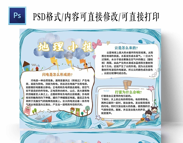 卡通浅蓝背景地理小报手抄报