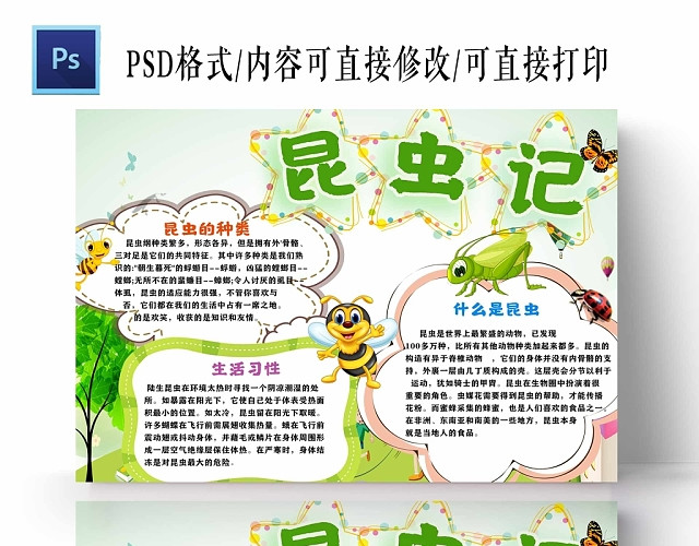 卡通浅绿背景昆虫记手抄报