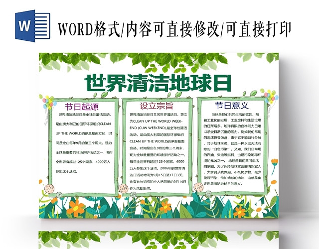 世界地球清洁日树叶边框手抄报PSD模板