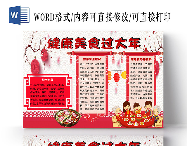 红色简约美食健康饮食大过年手抄报WORD模板