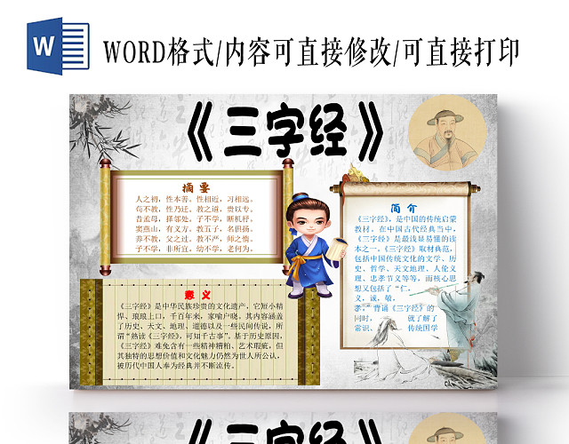 古风卡通古人三字经手抄报WORD模板