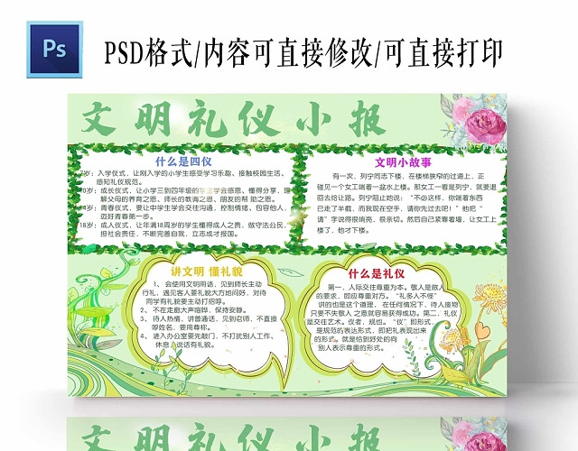 卡通绿色背景文明礼仪小报手抄报