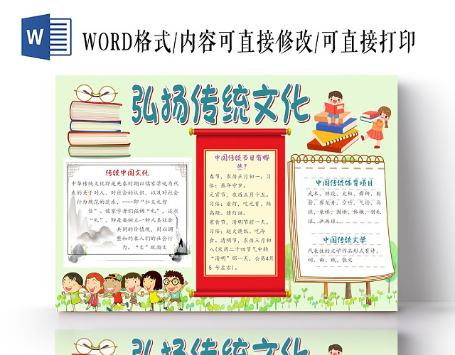 绿色简约小清新卡通弘扬传统文化宣传手抄报WORD模板