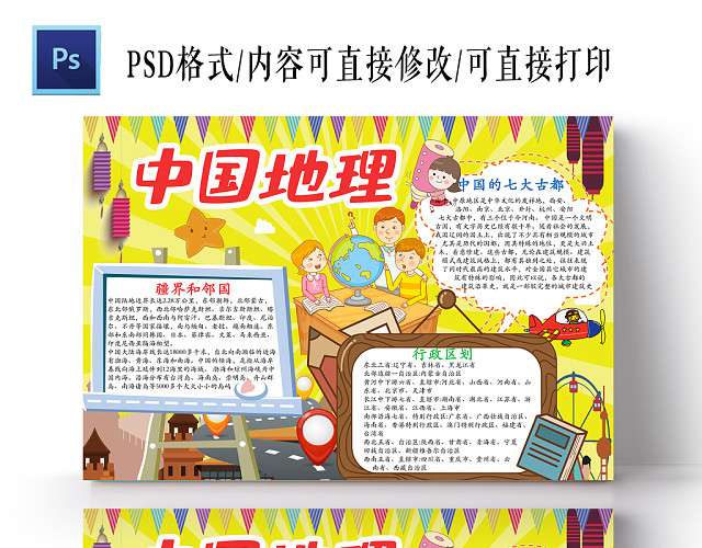 黄色卡通中国地理小学生手抄报PS模板